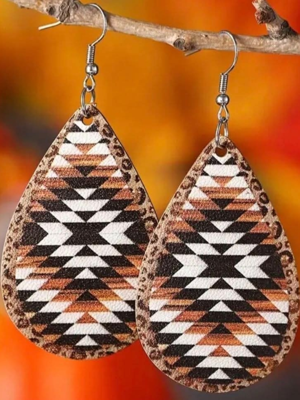 Chloe Brown Black & White Aztec Teardrop Earrings